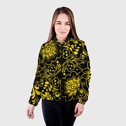 Куртка с капюшоном женская Хохломская роспись золотые цветы на чёроном фоне, цвет: 3D-черный — фото 2