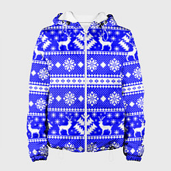 Куртка с капюшоном женская Новый год ели и олени на синем фоне, цвет: 3D-белый