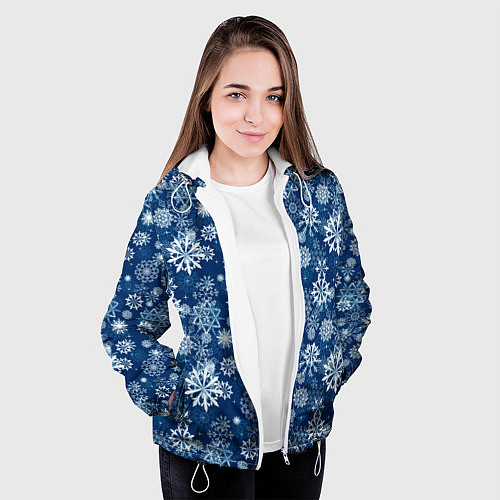 Женская куртка Snowflakes on a blue background / 3D-Белый – фото 3