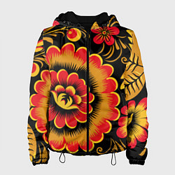 Женская куртка Хохломская роспись красно-жёлтые цветы на чёрном ф