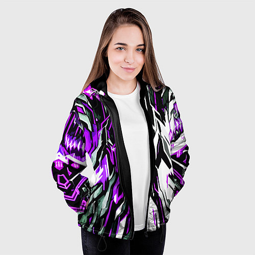 Женская куртка Фиолетовая и белая абстракция на чёрном фоне / 3D-Черный – фото 3