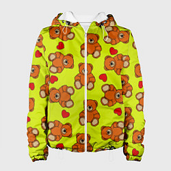 Куртка с капюшоном женская Плюшевые мишки и сердца на желтом фоне, цвет: 3D-белый