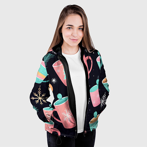 Женская куртка Паттерн новогодние кружки - нейросеть / 3D-Черный – фото 3