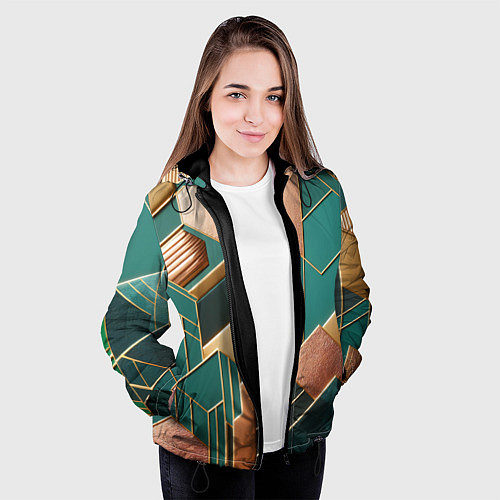 Женская куртка Арт деко зеленый и золотой узор из геометрических / 3D-Черный – фото 3