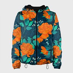 Куртка с капюшоном женская Паттерн с оранжевыми цветами, цвет: 3D-черный