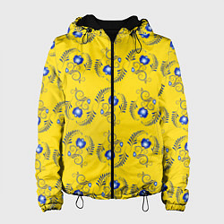 Куртка с капюшоном женская Узор - цветы гжель на желтом фоне, цвет: 3D-черный