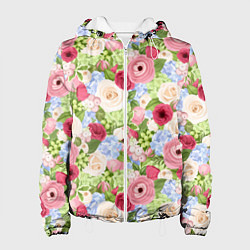 Куртка с капюшоном женская Фон с розами, лютиками и гортензиями, цвет: 3D-белый