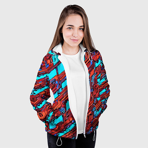 Женская куртка Красные фрагменты на голубом фоне / 3D-Белый – фото 3