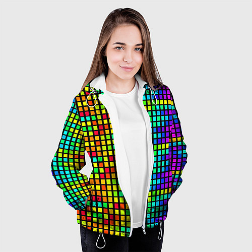 Женская куртка Разноцветные квадраты на чёрном фоне / 3D-Белый – фото 3