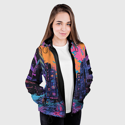 Женская куртка Киберпанк город в стиле комиксов / 3D-Черный – фото 3