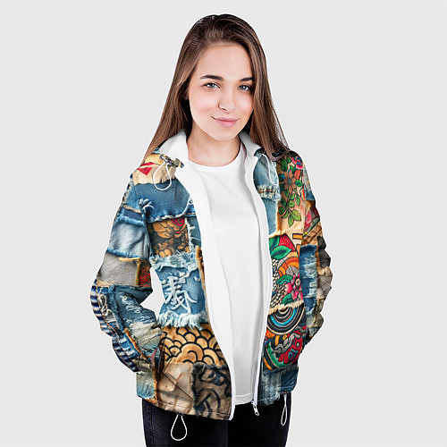 Женская куртка Японские мотивы на дениме / 3D-Белый – фото 3