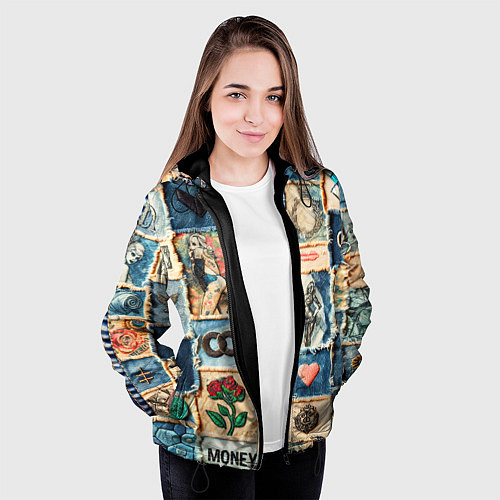 Женская куртка Баксы и девушки на дениме - пэчворк / 3D-Черный – фото 3