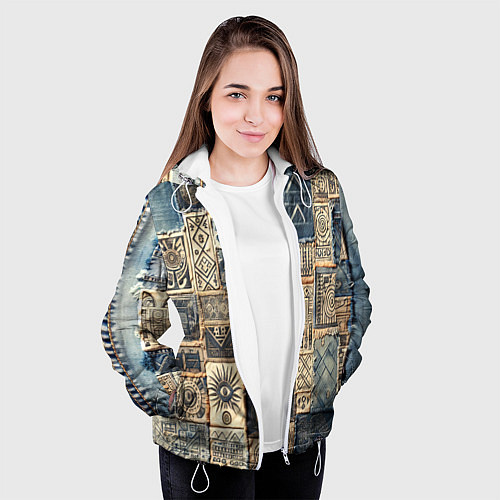 Женская куртка Татуировки племени майя пэчворк / 3D-Белый – фото 3