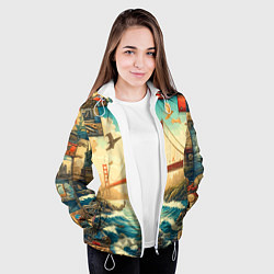 Куртка с капюшоном женская Мост через реку и пэчворк - нейросеть арт USA brid, цвет: 3D-белый — фото 2