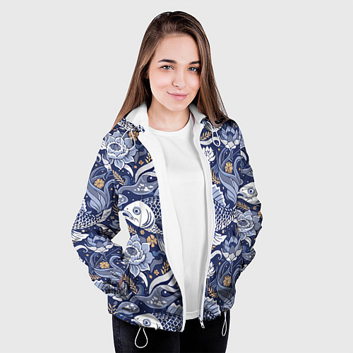 Женская куртка Рыба карп - синий корейский узор / 3D-Белый – фото 3