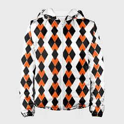 Куртка с капюшоном женская Чёрные и оранжевые ромбы на белом фоне, цвет: 3D-белый