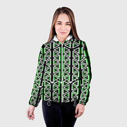 Куртка с капюшоном женская Бело-зелёные треугольники на чёрном фоне, цвет: 3D-белый — фото 2