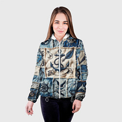 Куртка с капюшоном женская Пэчворк с якорем - джинсовка моряка, цвет: 3D-белый — фото 2