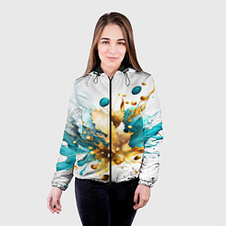 Куртка с капюшоном женская Бирюзово голубая абстракция, брызги краски на бело, цвет: 3D-черный — фото 2