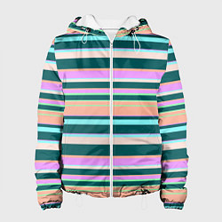 Куртка с капюшоном женская Полосатый оранжево-бирюзовый, цвет: 3D-белый