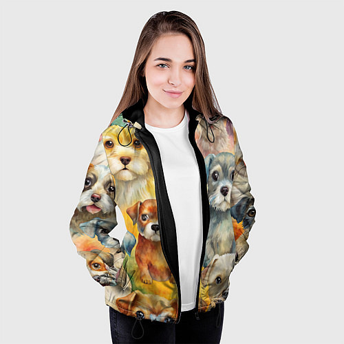 Женская куртка Красочный паттерн с щенками / 3D-Черный – фото 3