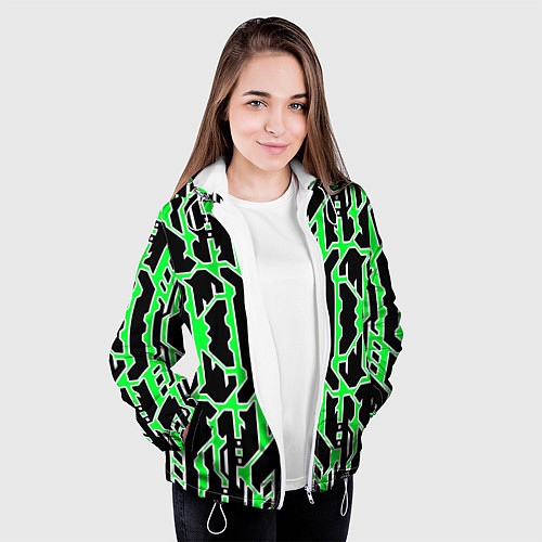 Женская куртка Техно зелёные линии с белой обводкой на чёрном фон / 3D-Белый – фото 3