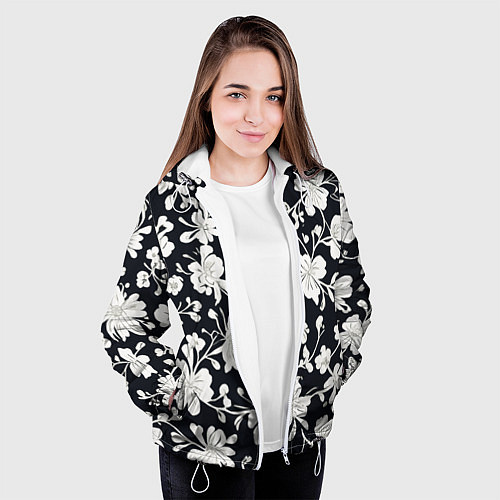 Женская куртка Патерн белых цветов на черном фоне / 3D-Белый – фото 3