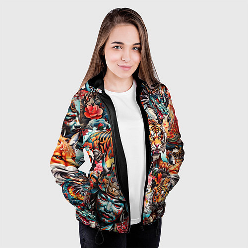 Женская куртка Японская татуировка дракона тигра и самурая / 3D-Черный – фото 3
