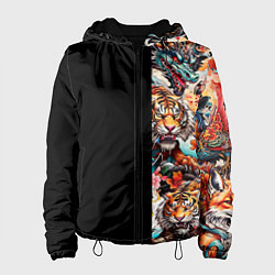Куртка с капюшоном женская Тату ирезуми дракона тигр лис и самурай, цвет: 3D-черный