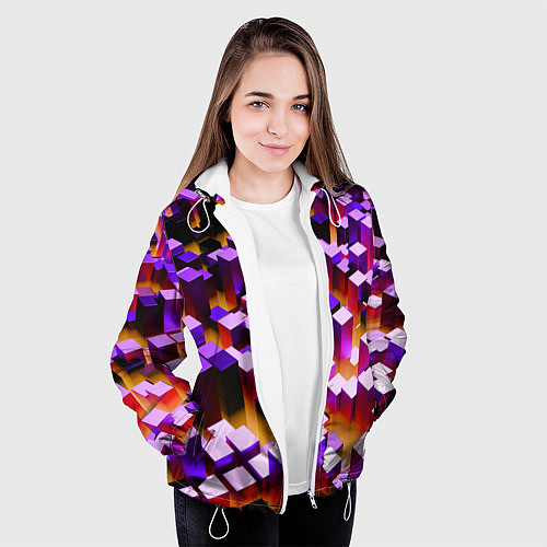 Женская куртка Фиолетовые блоки в оранжевом тумане / 3D-Белый – фото 3