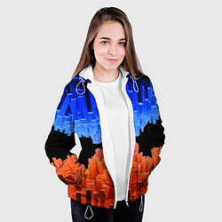 Куртка с капюшоном женская Стягивающиеся в центре синие и оранжевые блоки, цвет: 3D-белый — фото 2