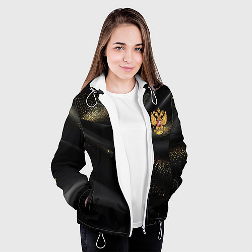 Женская куртка Золотой герб России на черно-золотой текстуре / 3D-Белый – фото 3