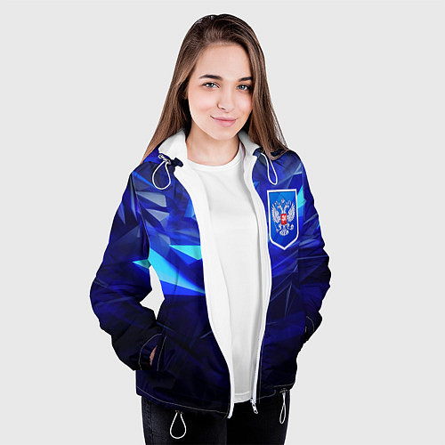 Женская куртка Герб России на синей абстракции / 3D-Белый – фото 3