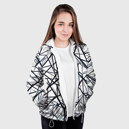 Женская куртка Чёрные хаотичные линии на белом фоне / 3D-Белый – фото 3