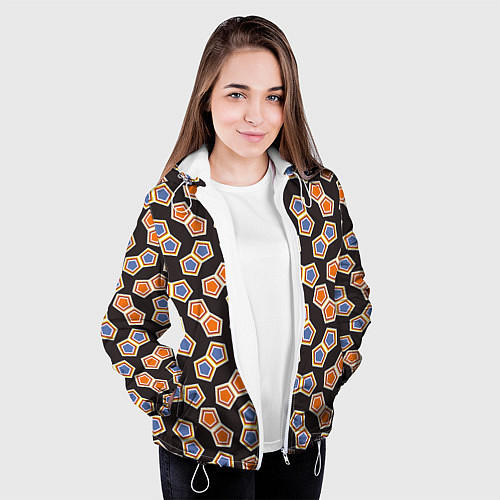 Женская куртка Сине-оранжевая мозаика на черном / 3D-Белый – фото 3