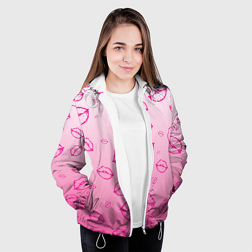 Женская куртка Паттерн малиновые губы на розовом градиент - lips / 3D-Белый – фото 3