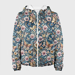 Куртка с капюшоном женская Летний узор с цветами и бабочками, цвет: 3D-белый