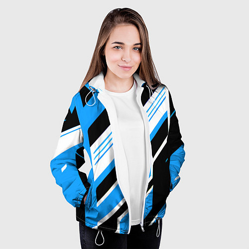 Женская куртка Бело-синие полосы на чёрном фоне / 3D-Белый – фото 3