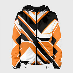 Куртка с капюшоном женская Чёрно-оранжевые широкие линии на белом фоне, цвет: 3D-черный