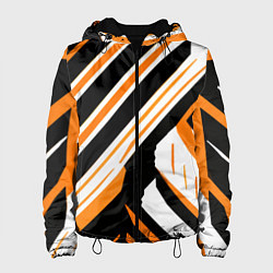Куртка с капюшоном женская Чёрно-оранжевые полосы на белом фоне, цвет: 3D-черный