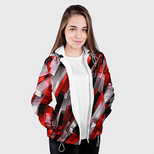 Женская куртка Черно-красно-белые наклонные блоки / 3D-Белый – фото 3