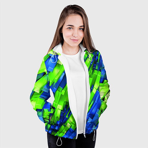 Женская куртка Сине-зеленые наклонные блоки / 3D-Белый – фото 3