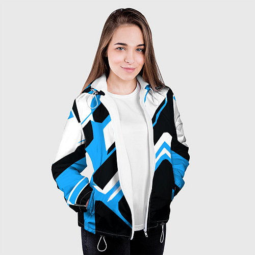 Женская куртка Бело-голубые линии на чёрном фоне / 3D-Белый – фото 3