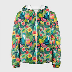 Куртка с капюшоном женская Летние тропические котики с арбузным коктейлем, цвет: 3D-белый