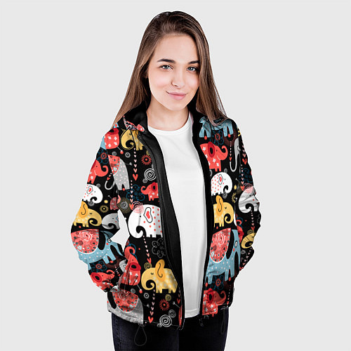 Женская куртка Разноцветные слоны узор / 3D-Черный – фото 3