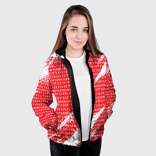 Женская куртка Руны на красно-белом рваном фоне / 3D-Черный – фото 3