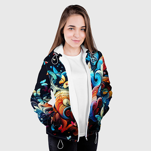 Женская куртка Бабочки и цветы в ночи - фантазия / 3D-Белый – фото 3