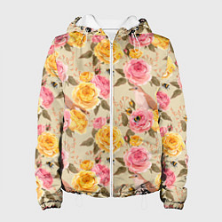 Куртка с капюшоном женская Цветы розы с птицами, цвет: 3D-белый