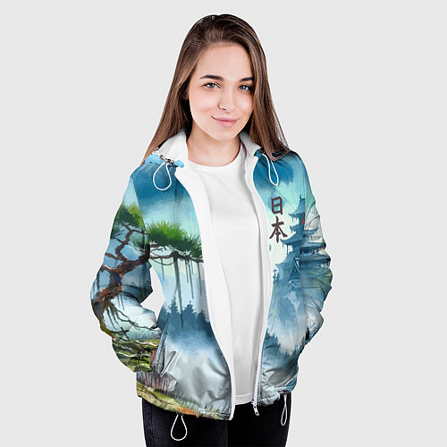 Женская куртка Японский пейзаж - акварель живопись / 3D-Белый – фото 3