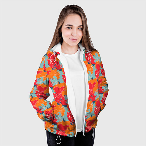 Женская куртка Красные синие оранжевые лилии / 3D-Белый – фото 3